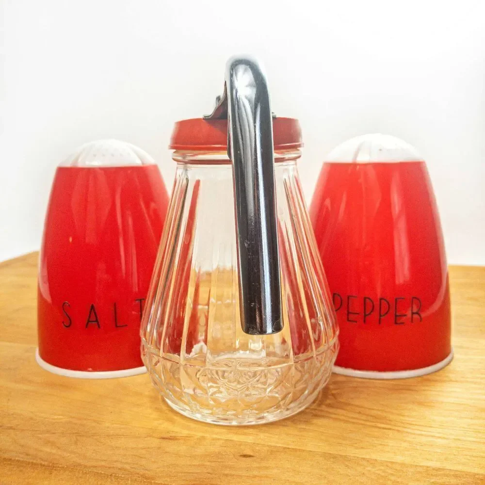 MCM Atomic Red Diner Set: Salt & Pepper Shakers and Syrup Pitcher
